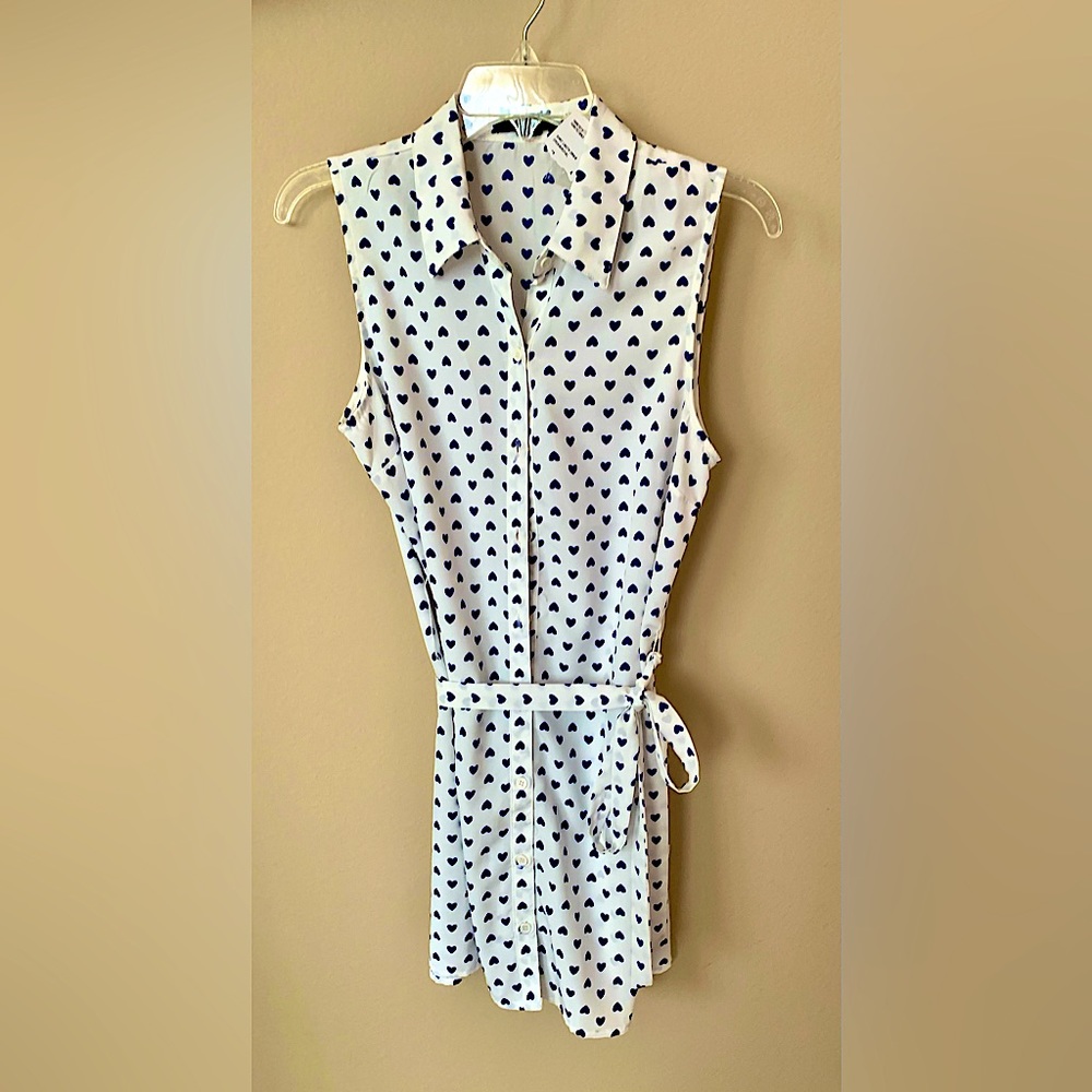 New White Sleeveless Collar Dress With Blue Hearts & Tie Belt
